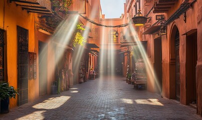 Fototapeta premium Sunbeams illuminate a narrow, vibrant Moroccan alleyway filled with shops and traditional architecture.
