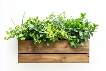 Fototapeta premium Wooden Planter with Green Plants on White Background for Minimalist and Rustic Indoor Decor