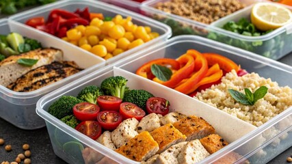 Meal Prep Containers A close image of meal prep containers filled with colorful meals each section holding a mix of proteins carbohydrates and vegetables illustrating the