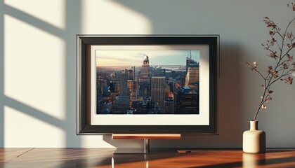 Fototapeta premium Digital frame displaying cityscape with copy space. mockup