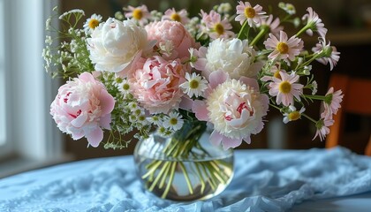 Elegant floral arrangement of peonies and daisies with copy space for text