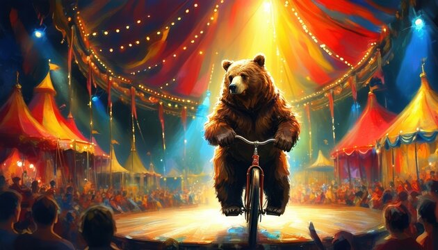 Bear riding bicycle in circus tent with copy space