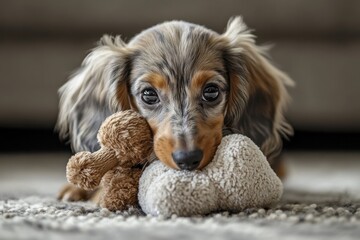 Realistic DSLR photo of dapple dachshund carrying plush toy