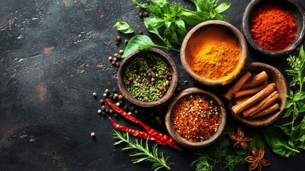 Variety of spices in rustic bowls with herbs
