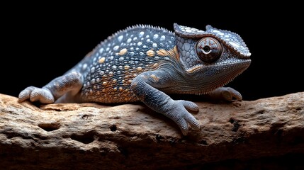 Obraz premium Small chameleon on wood, black background.