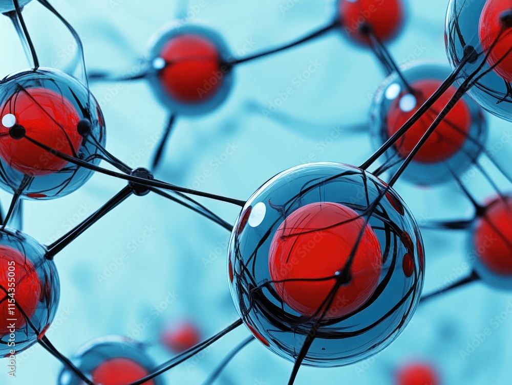 Aufkleber abstract 3d rendering of interconnected red spheres representing molecular structure or network.
