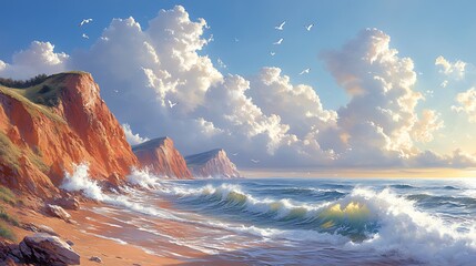 Dramatic ocean waves crashing on a sandy beach at sunset, with majestic red cliffs and fluffy clouds in the sky.