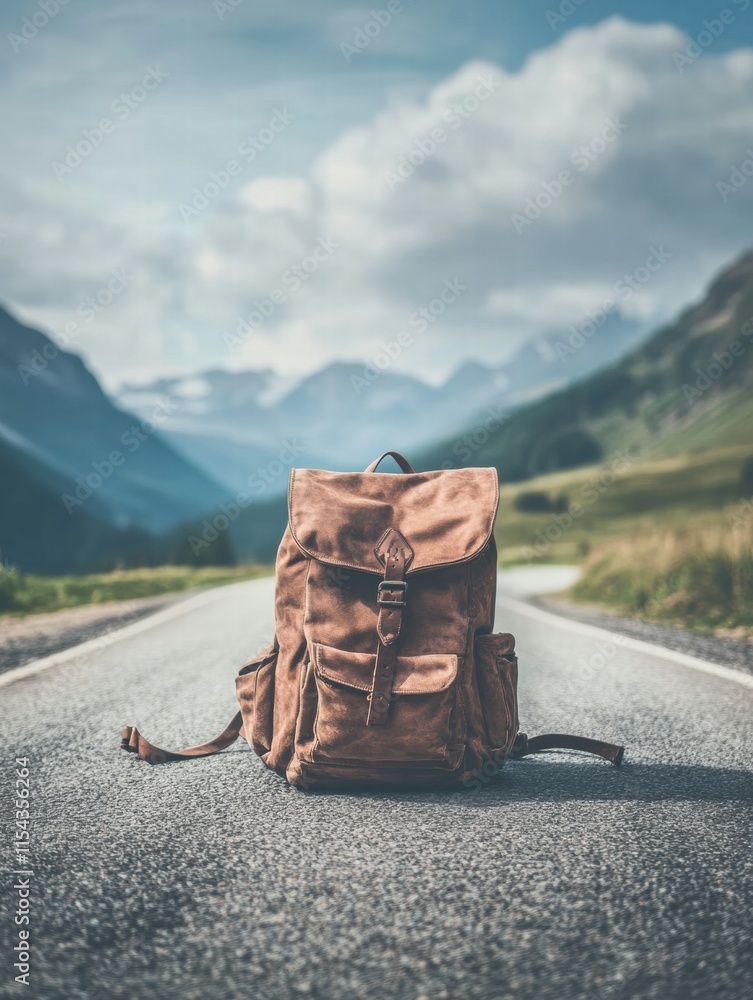 Poster travelers backpack sits on an empty road surrounded by mountains and nature on a clear day. generati