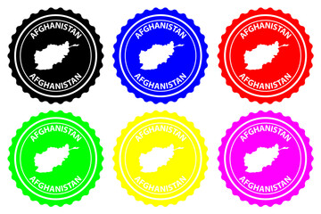 Afghanistan - rubber stamp - vector, Afghanistan map pattern - sticker - black, blue, green, yellow, purple and red