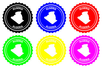 Algeria - rubber stamp - vector, Algeria map pattern - sticker - black, blue, green, yellow, purple and red
