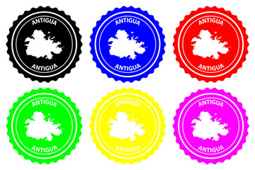 Antigua - rubber stamp - vector, Antigua and Barbuda island map pattern - sticker - black, blue, green, yellow, purple and red