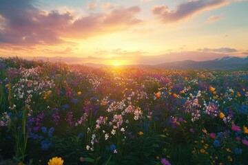 Obraz premium Sunset over a vibrant wildflower meadow with blooming colors and a serene sky