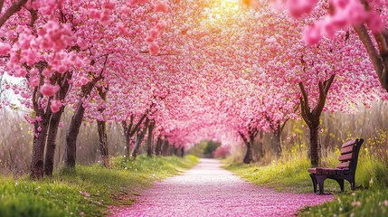 Naklejka premium Serene pathway lined with blooming cherry blossom trees.