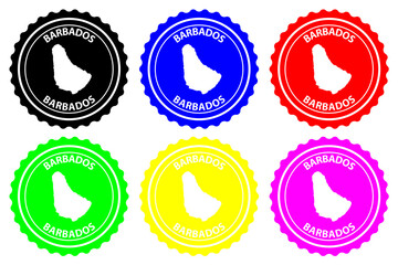 Barbados - rubber stamp - vector, Barbados map pattern - sticker - black, blue, green, yellow, purple and red