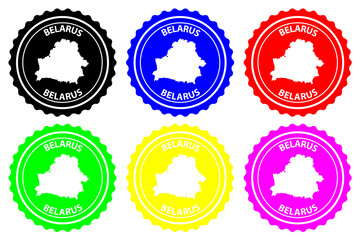 Belarus - rubber stamp - vector, Belorussia map pattern - sticker - black, blue, green, yellow, purple and red