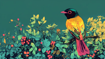 Ai generated illustration of a vibrant avian perched atop a verdant shrubbery. Verdantine. Illustration