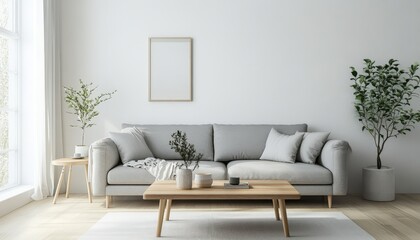 Modern Living Room Interior Design Cozy Sofa Plants Wooden Coffee Table