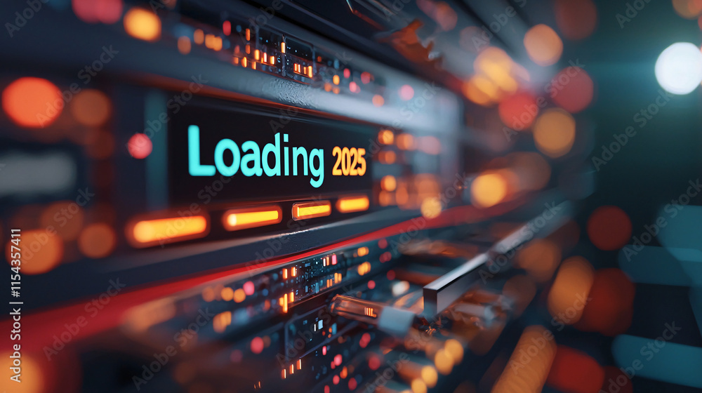 Poster futuristic 2025 loading screen: glowing blue text on a dark, high-tech interface with bokeh lights, 