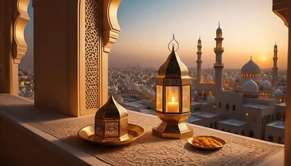 Golden Lanterns Mosque Sunset Cityscape Ramadan View