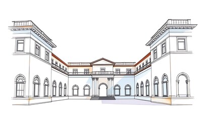 Elegant Classical Mansion Architectural Line Drawing Illustration. AI Generated