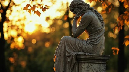 Serenity envelops a stone statue in a peaceful garden at sunset surrounded by autumn leaves