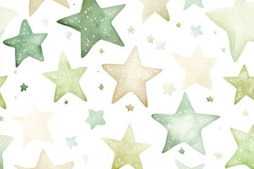 Seamless watercolor pattern of cute green and beige stars on a white background ideal for children s room decor playful design elements