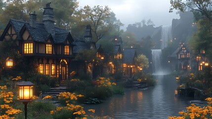 Fototapeta premium Misty autumn village by river with waterfall and illuminated houses.
