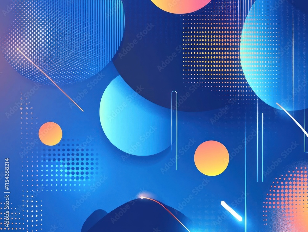 Poster abstract blue background with overlapping circles, lines, and halftone patterns.