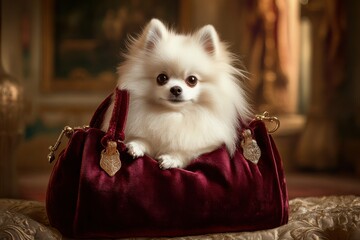 White Pomeranian in elegant velvet bag luxurious opulent mood