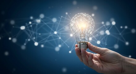 Close-up of a hand holding a glowing lightbulb with dynamic blue digital connections in the background, emphasizing creativity, business innovation and technological growth