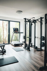 a state-of-the-art home gym with advanced fitness equipment, sleek minimalist designs, smart screens, and large windows allowing natural light to flood in, clean and organized space. Generative AI