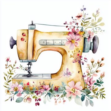 recommend clip art: Spring floral vintage cottagecore sewing machine watercolor illustration, spring clipart 