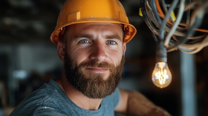 A focused electrician wearing a yellow hard hat works diligently on lighting cables, demonstrating skill and concentration amidst an industrial setting, under dim lighting.