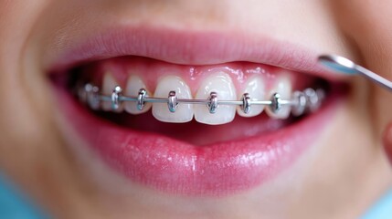 Obraz premium A detailed view of a person's teeth with traditional metal braces, highlighting the process of orthodontic adjustment. Clean, clinical environment is evident.
