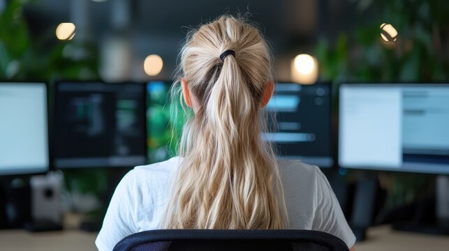 A blonde woman, seen from behind, works diligently on her computer in a modern and serene office setup, characterized by lush greenery and a quiet atmosphere.