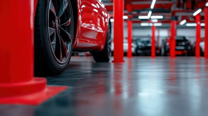A stunning red sports car parked beside red columns in a sleek, modern garage, illuminated by bright overhead lights and reflecting on the pristine floor.