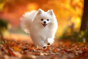 Energetic Pomeranian in autumn park with vibrant colors and textures