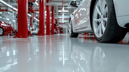 A white automobile is stationed in a high-gloss workshop with a pristine floor, surrounded by bright red supporting pillars and lit by vibrant overhead lights.