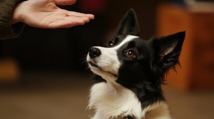 trainer using clicker for dog training, vibrant indoor environment, dynamic and effective training process, professional expertise, engaging and innovative approach to learning