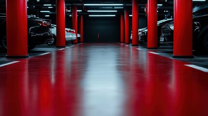 Multiple cars, including black and white models, are neatly aligned in a dimly lit parking garage, highlighted by red support columns and sleek floor lines.