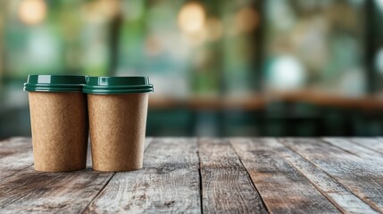 Pair of takeout coffee cups, snugly placed together on a richly textured wooden table surface, providing a convenient yet warm on-the-go beverage experience.