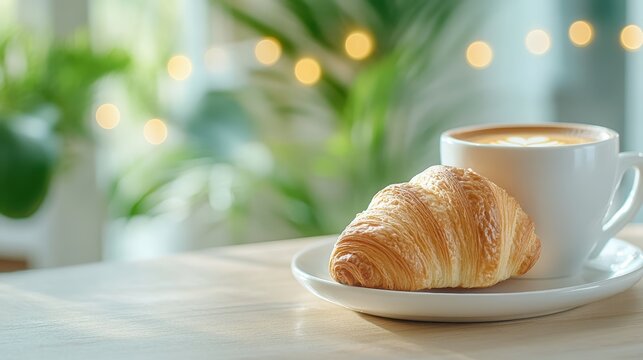 A beautifully composed image featuring a delicious flaky croissant paired with a steaming cup of coffee, all set against a backdrop of soft, warm lighting in a cozy ambiance.