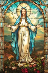 Stained glass depiction of Mary, mother of Jesus.
