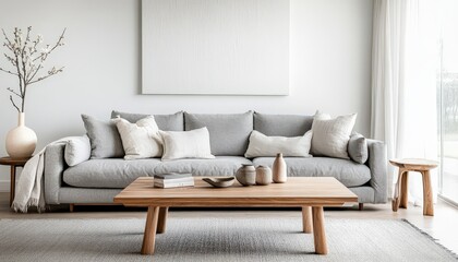 Modern Minimalist Living Room Interior Design Grey Sofa Wooden Coffee Table Neutral Decor