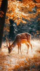 peaceful deer grazing in golden autumn forest, serene and natural atmosphere, warm and vibrant colors, dynamic and calming focus