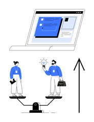 Two businesspeople balancing on a scale discussing ideas, laptop screen with project management. Ideal for teamwork, collaboration, balance, business ideas, productivity, innovation, project