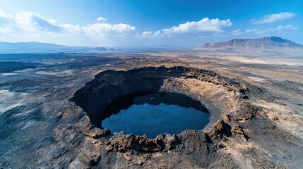 A breathtaking image of a volcanic crater amidst a vast, serene desert landscape, capturing the majesty of natural formations under a vibrant blue sky.