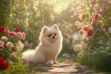 Obraz premium Groomed Pomeranian in English garden with soft sunlight