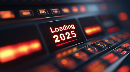 Obraz premium 2025 is Loading...A futuristic digital countdown to the new year. Intriguing red and black interface glows with anticipation.