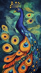 Obraz premium Vibrant peacock in stylized floral setting
